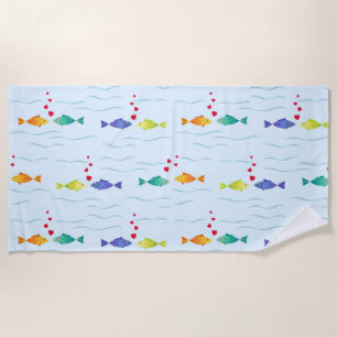 Cute romantic fish in ocean falling in love beach towel