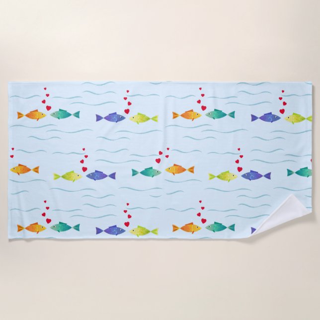 Cute romantic fish in ocean falling in love  beach towel (Front)