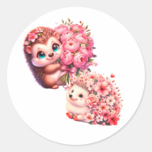 Cute Romantic Floral Hedgehog Duo Illustration Classic Round Sticker