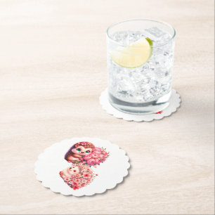Cute Romantic Floral Hedgehog Duo Illustration Paper Coaster