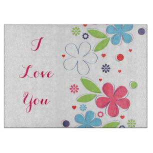 Cute romantic flowers illustration “I Love You” Cutting Board