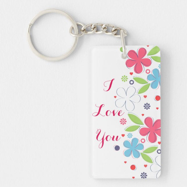 Cute romantic flowers illustration “I Love  You” Keychain (Front)