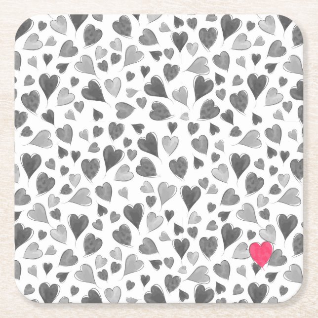 Cute romantic grey pink hand drawn hearts square paper coaster (Front)