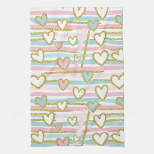 Cute Romantic Hearts and Pastel Stripes Gold Kitchen Towel