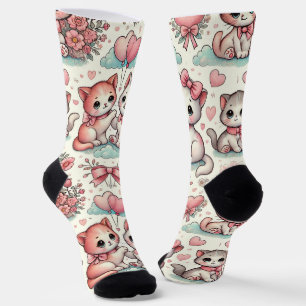 Cute Romantic Kitten Socks – Adorable Pastel