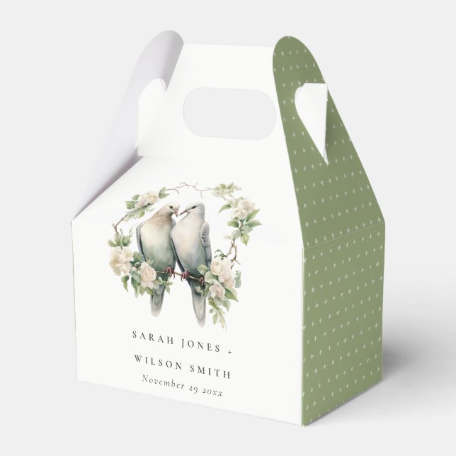 Cute Romantic Love Birds Botanical Wreath Wedding Favor Box (Front Side)