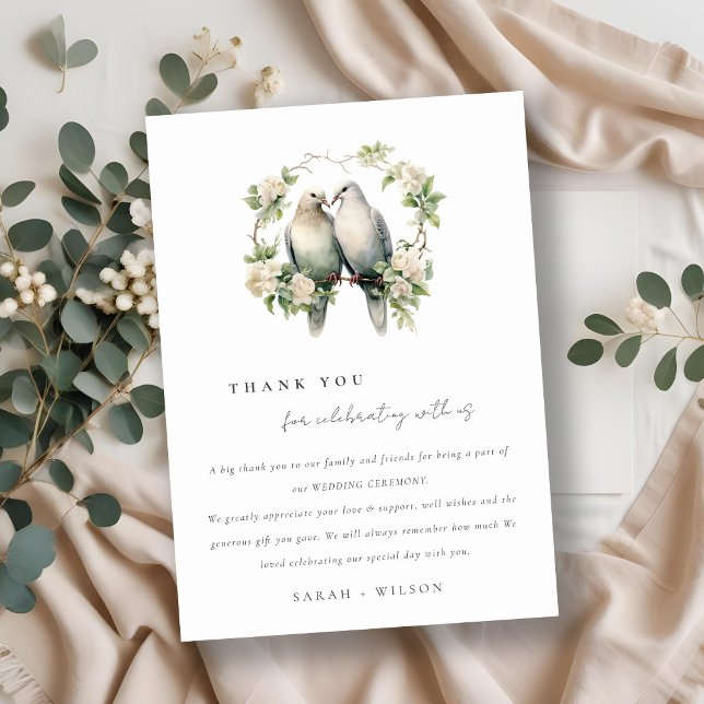 Cute Romantic Love Birds Botanical Wreath Wedding Thank You Card (Creator Uploaded)