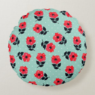 Cute Romantic Red Flowers Floral Design Round Pillow