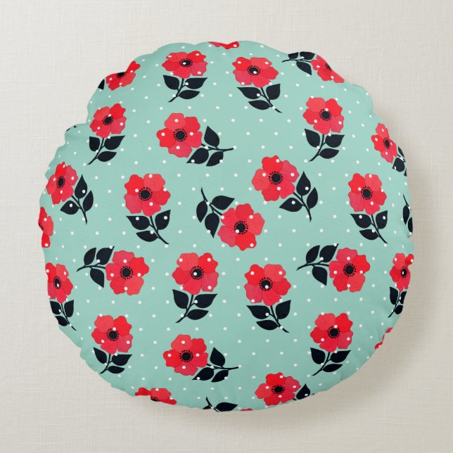 Cute Romantic  Red Flowers Floral Design Round Pillow (Front)