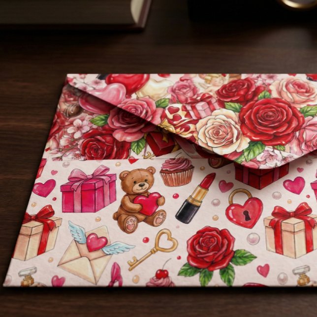 Cute Romantic Red & Pink Watercolor Love Pattern Envelope (Creator Uploaded)