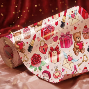 Cute Romantic Red & Pink Watercolor Love Pattern Wrapping Paper
