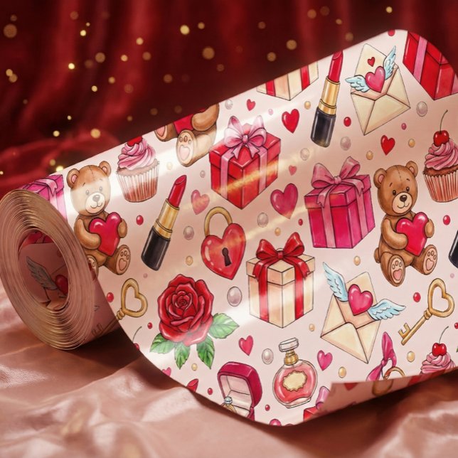 Cute Romantic Red & Pink Watercolor Love Pattern  Wrapping Paper (Creator Uploaded)