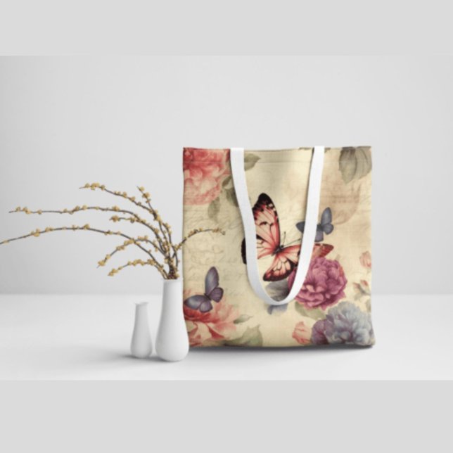 Cute romantic rustic background Flowers Butterfly Tote Bag (Creator Uploaded)