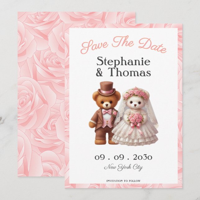 Cute Romantic Teddy Bear Groom and Bride  Wedding Save The Date (Front/Back)