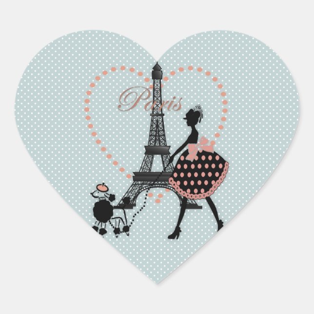 Cute romantic vintage girl silhouette walking heart sticker (Front)