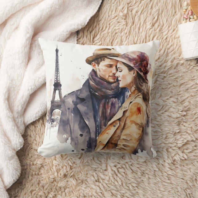 Cute Romantic Watercolor Couples in Paris Throw Pi Pillow (Blanket)
