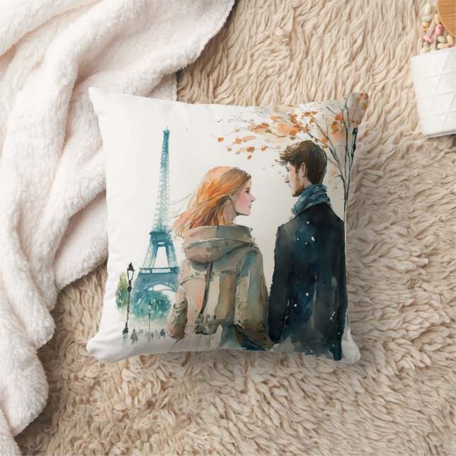Cute Romantic Watercolor Couples in Paris  Throw Pillow (Blanket)
