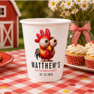 Cute Rooster Caricatures 3rd Birthday Party Paper Cups