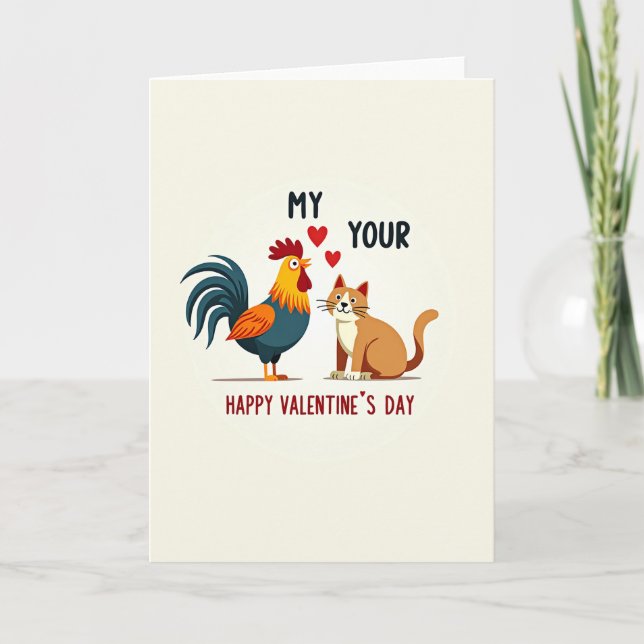 Cute Rooster Cat Valentines Day Card (Front)