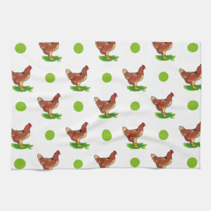 Cute Rooster, Chicken, Green Polka Dots Kitchen Towel