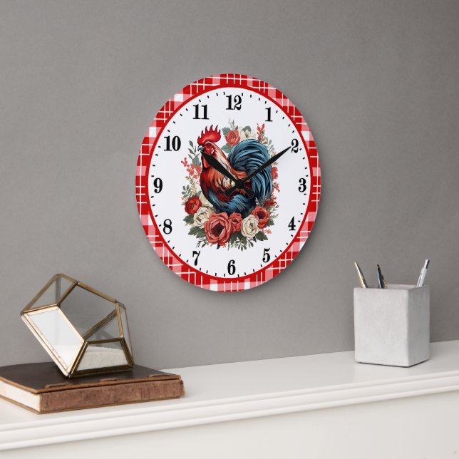 Cute rooster lovers kitchen large clock (Office)