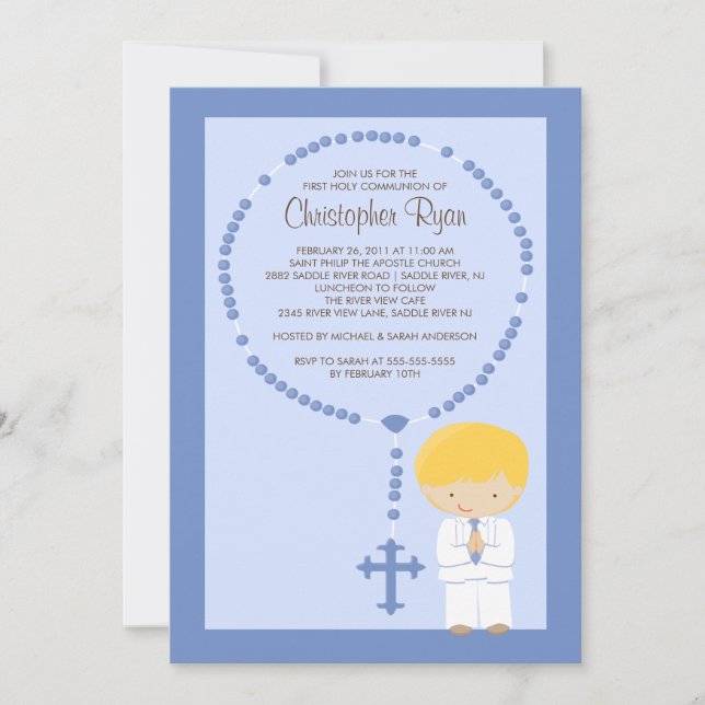 Cute Rosary First Communion Invitation Boy Blue (Front)