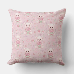Cute Rose Bear and Floral Bouquet Seamless Pattern Throw Pillow