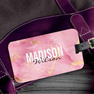 Cute rose blush pink faux glitter marble monogram luggage tag