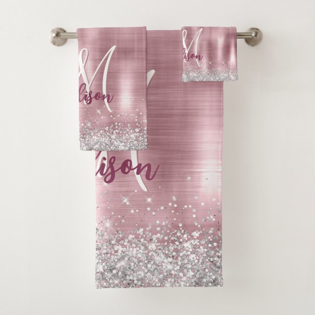 Cute rose blush silver faux glitter monogram bath towel set (Insitu)