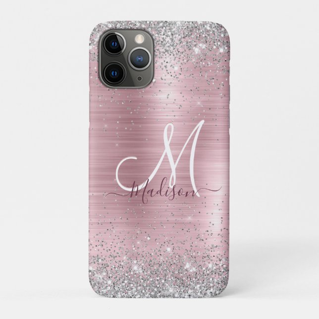 Cute rose blush silver faux glitter monogram Case-Mate iPhone case (Back)