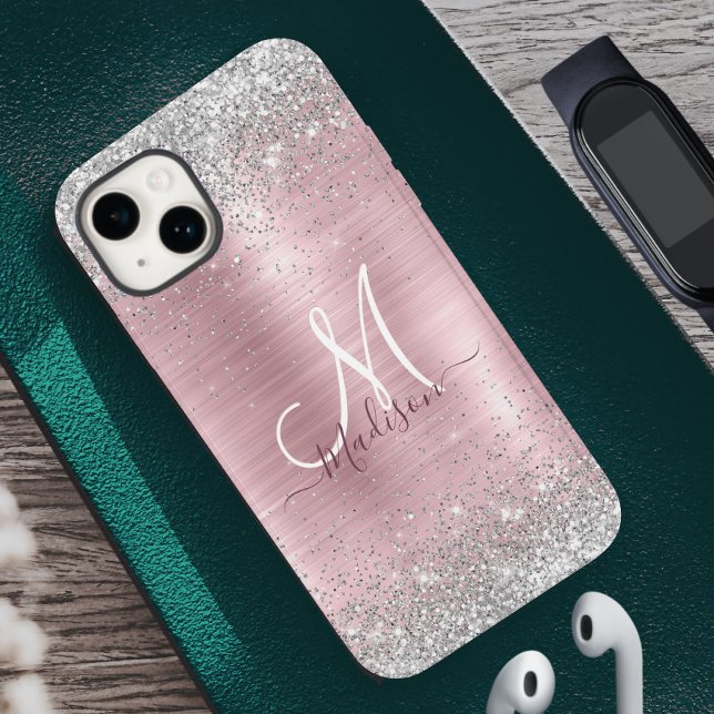 Cute rose blush silver faux glitter monogram Case-Mate iPhone case (Creator Uploaded)