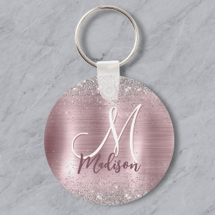 Cute rose blush silver faux glitter monogram keychain
