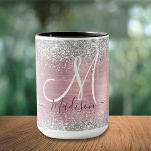 Cute rose blush silver faux glitter monogram mug