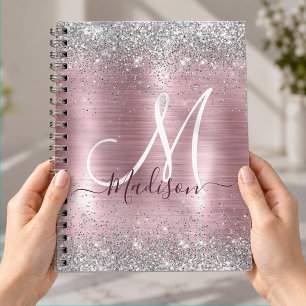 Cute rose blush silver faux glitter monogram notebook