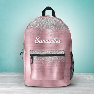 Cute rose blush silver faux glitter monogram printed backpack