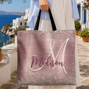 Cute rose blush silver faux glitter monogram tote bag