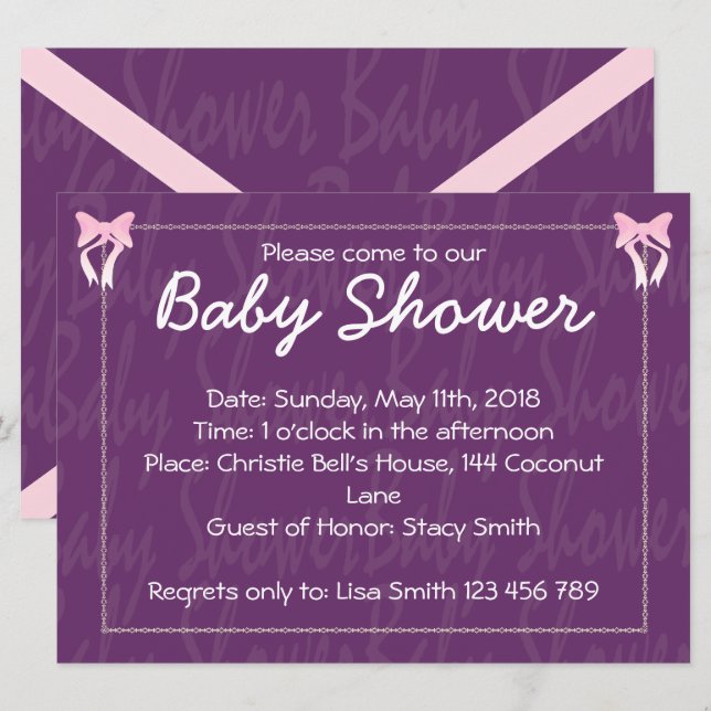 Cute Rose Bow Baby Girl Douche Violet Invitation (Devant / Derrière)