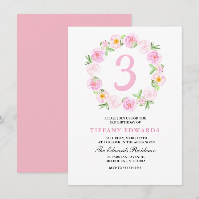 Cute rose Floral Wreath Enfants Invitation d'anniv (Devant / Derrière)