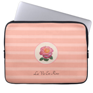 Cute Rose Flower on Coral Pink Striped Laptop Sleeve