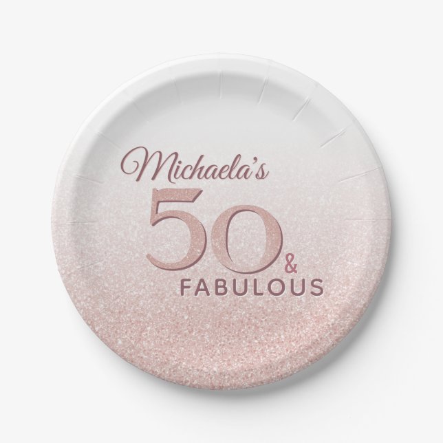 Cute Rose Gold 50 Fabulous Name 50th Birthday Paper Plate (Front)