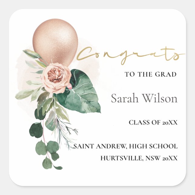 CUTE ROSE GOLD BALLOON FLORA GRAD CONGRATS SQUARE STICKER (Front)