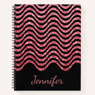 Cute Rose Gold Black Glitter Chevron Personalized Notebook