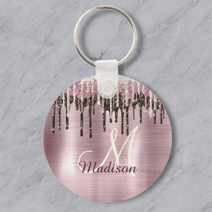 Cute Rose gold Brown Glitter Drips monogram Keychain