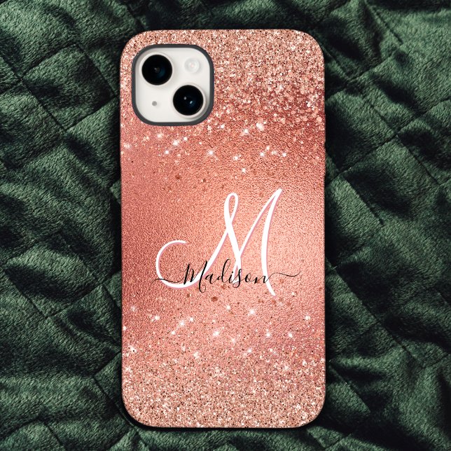 Cute rose gold faux glitter monogram Case-Mate iPhone case (Creator Uploaded)