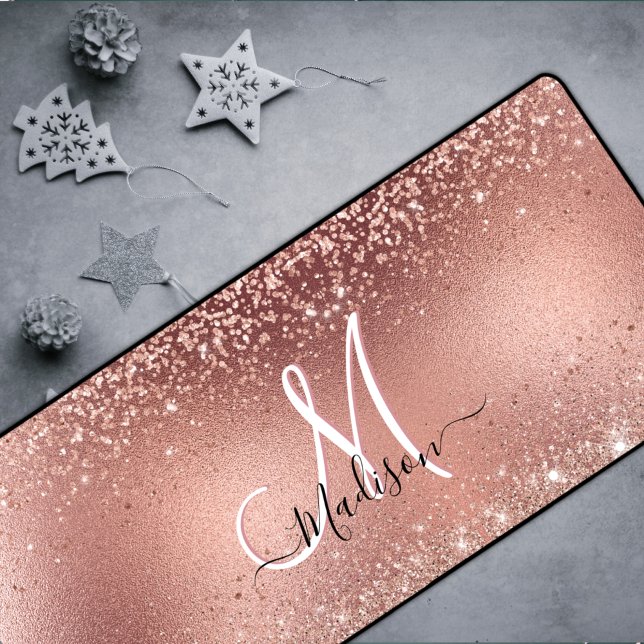 Cute rose gold faux glitter monogram desk mat (Creator Uploaded)