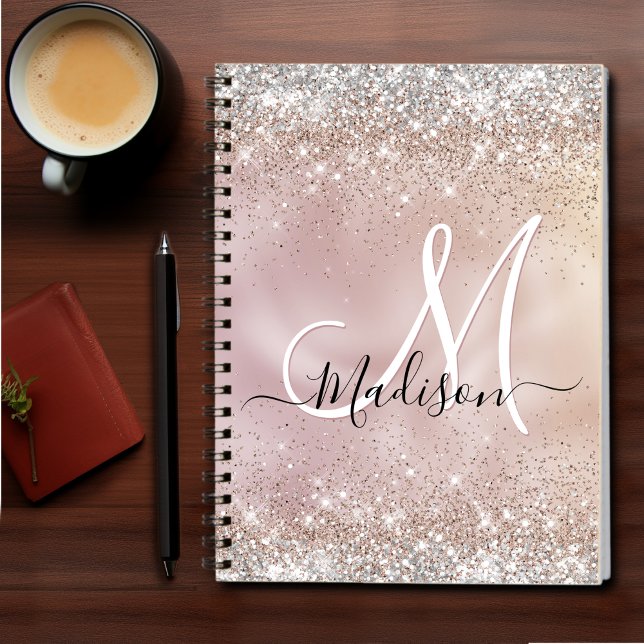 Cute rose gold faux silver glitter monogram notebook (Creator Uploaded)
