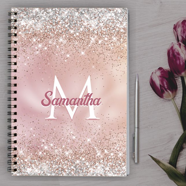 Cute rose gold faux silver glitter monogram notebook (Creator Uploaded)