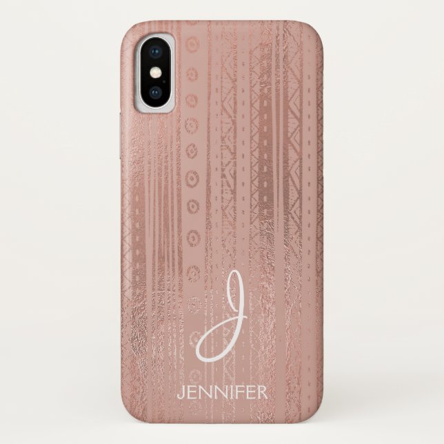 Cute Rose Gold Foil Boho Tribal Pattern Monogram Case-Mate iPhone Case (Back)