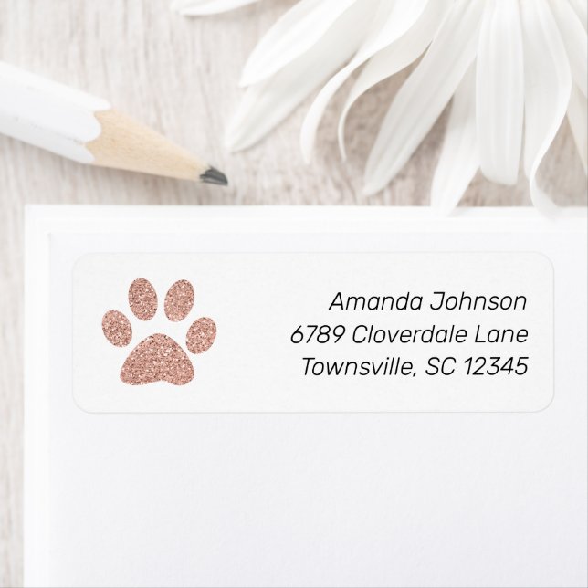 Cute Rose Gold Glitter Paw Print Return Address (Insitu)