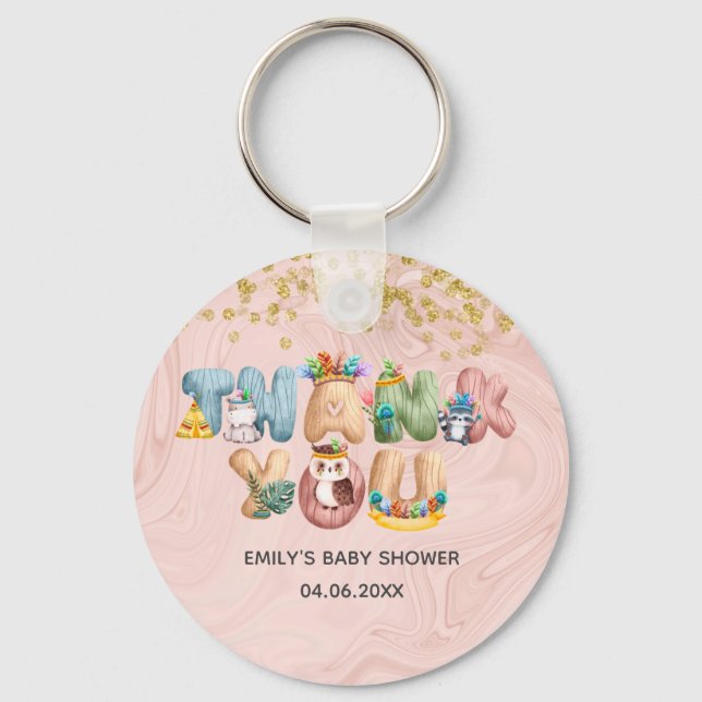 Cute Rose Gold Marble Baby Shower Animal Thank You Keychain (Front)